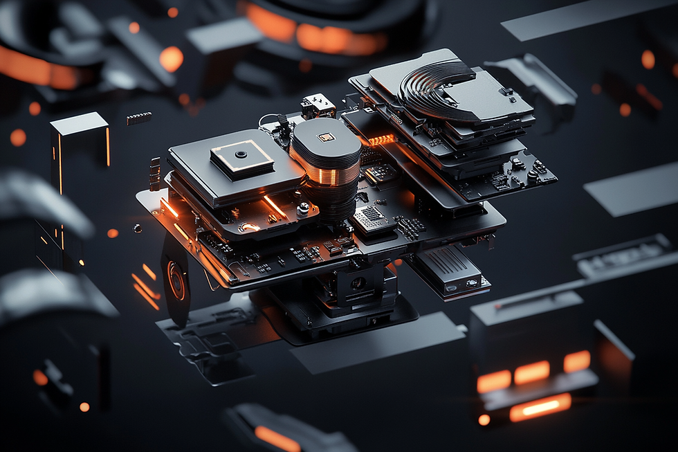 Futuristic circuit boards with glowing orange accents on a black background, floating in a high-tech digital environment.