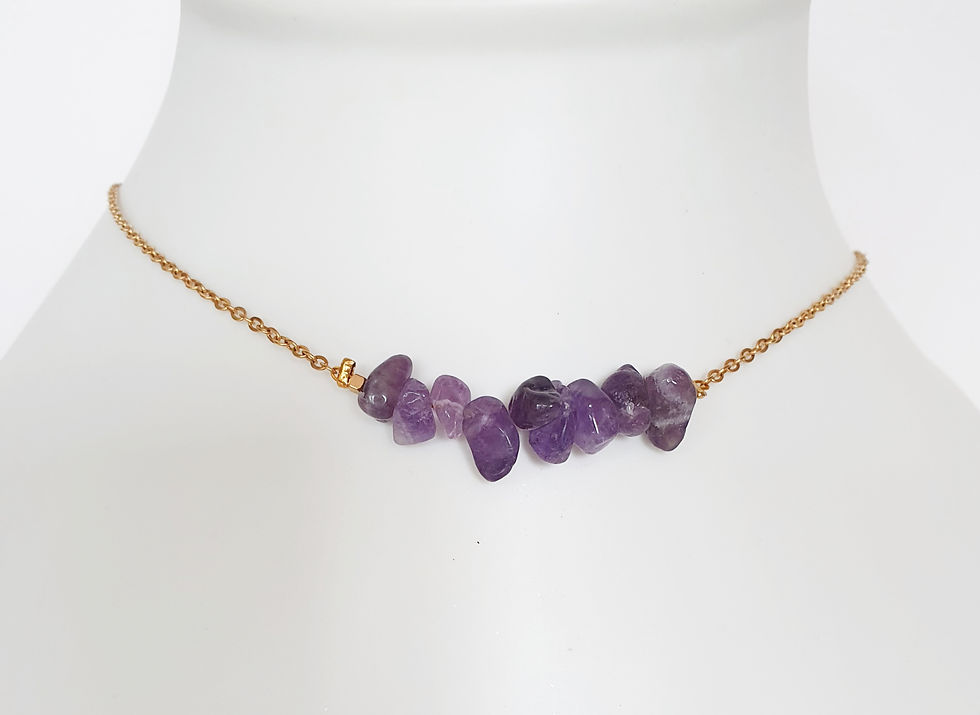 Miniature : améthystes naturelles, acier doré