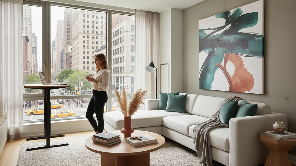 Eye-level view of a modern corporate apartment living room with neutral tones and natural light