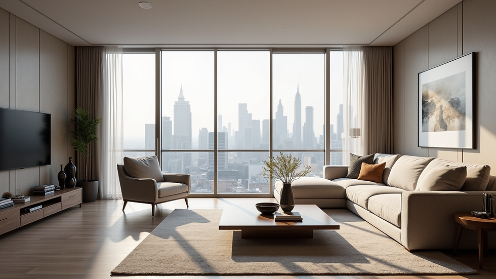Eye-level view of a spacious penthouse living room with modern furniture and city skyline