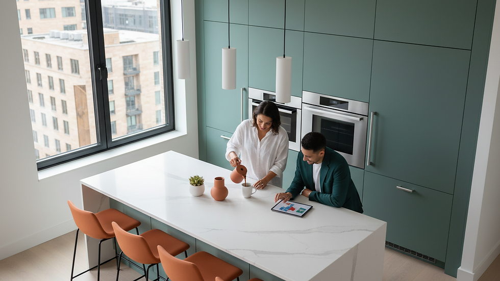 High angle view of a corporate apartment kitchen with modern appliances and clean design