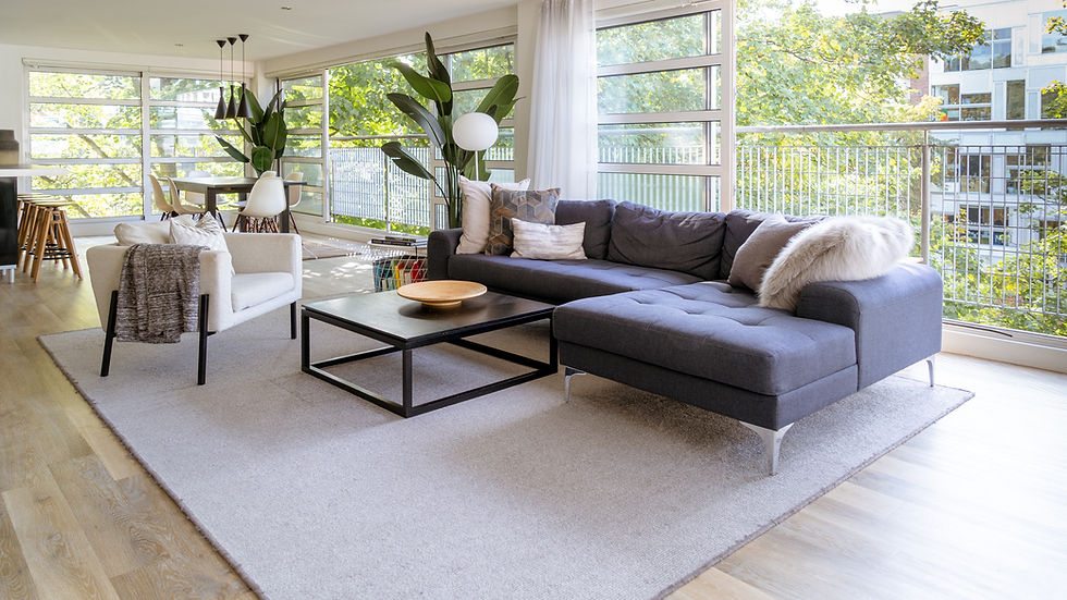 Tree side Penthouse designed by Foyer Green Stays. Sofa with open plan living area with trees in Leicester penthouse 