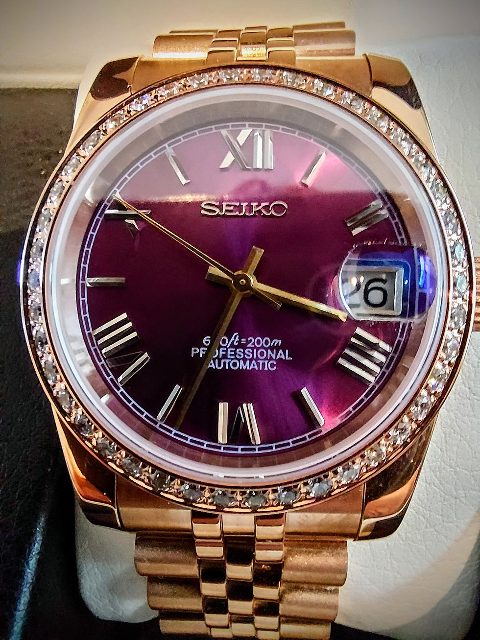 Thumbnail: 36mm rose gold iced bezel wine datejust 