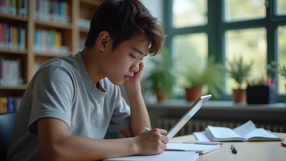 High angle view of a student studying with a tablet and notes
