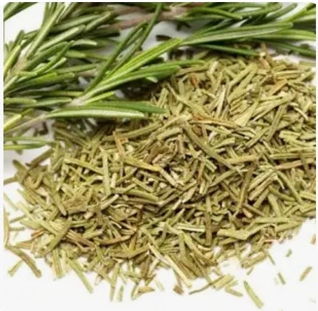 Fresh sprigs and a pile of dried rosemary.