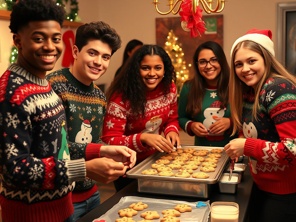 Group of mixed-race teenagers in Christmas sweaters making chocolate chip cookies at holiday party