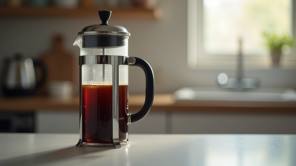 Eye-level view of a French press with freshly brewed coffee on a kitchen counter