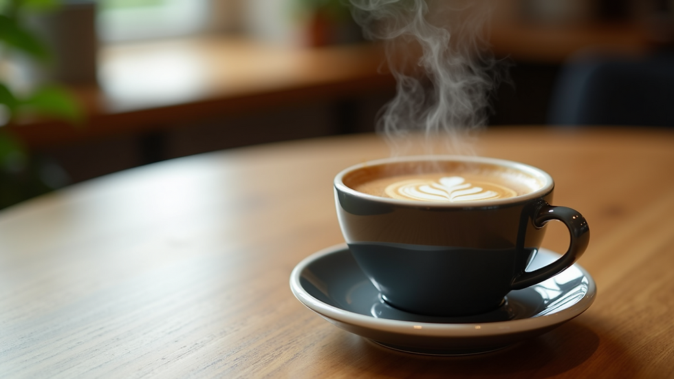 Close-up view of a steaming cup of premium coffee on a wooden table