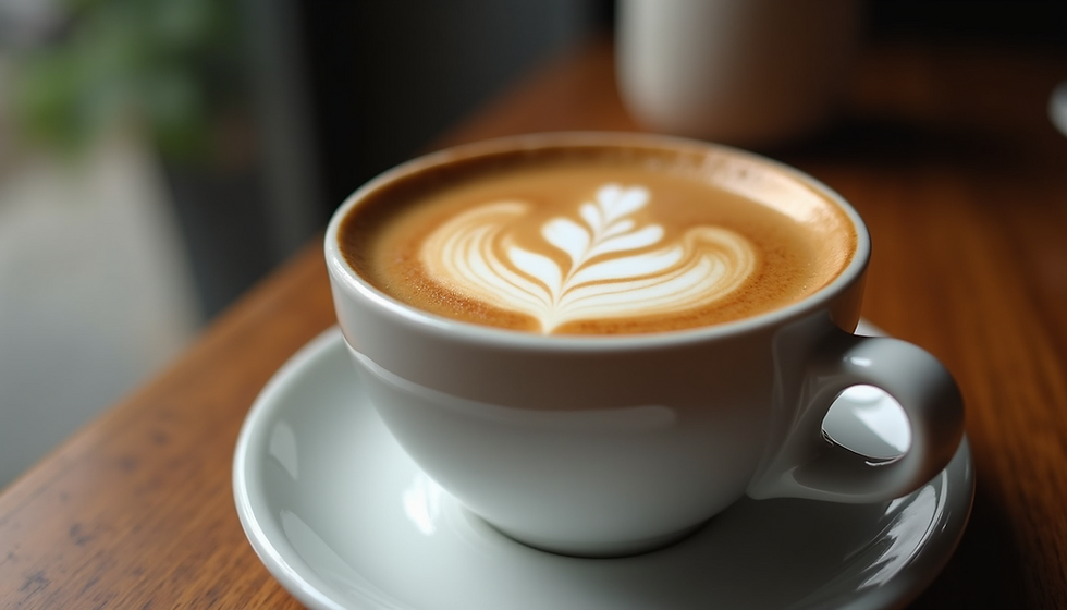 Latte in white cup with art, Boost Your Productivity with Exquisite Coffee Creations. Absolutely Brew Coffee LLC