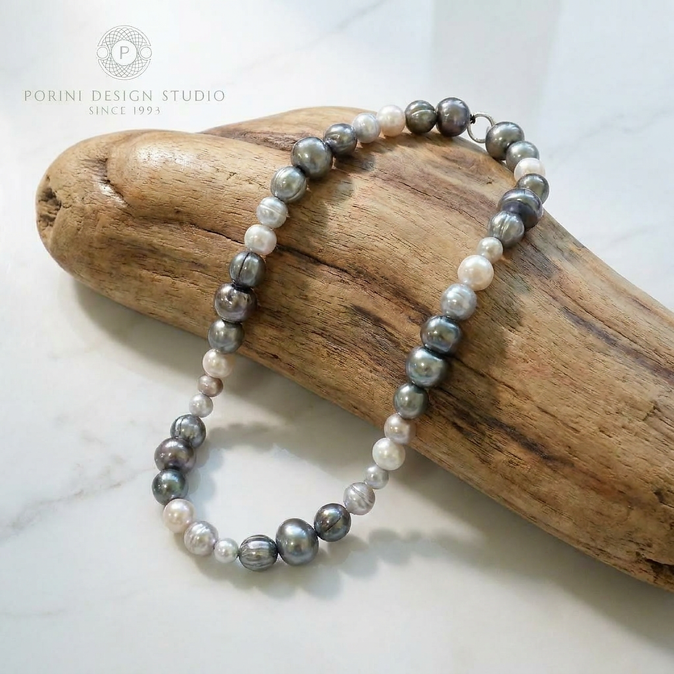 Margalo Unica freshwater baroque pearl necklace in mixed charcoal, silver-grey and creamy white tones.