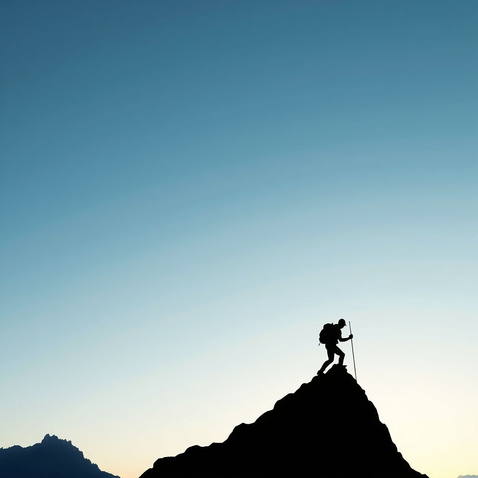 A minimalist silhouettes of two figures—a guide and a climber—navigating a sharp, clean mo