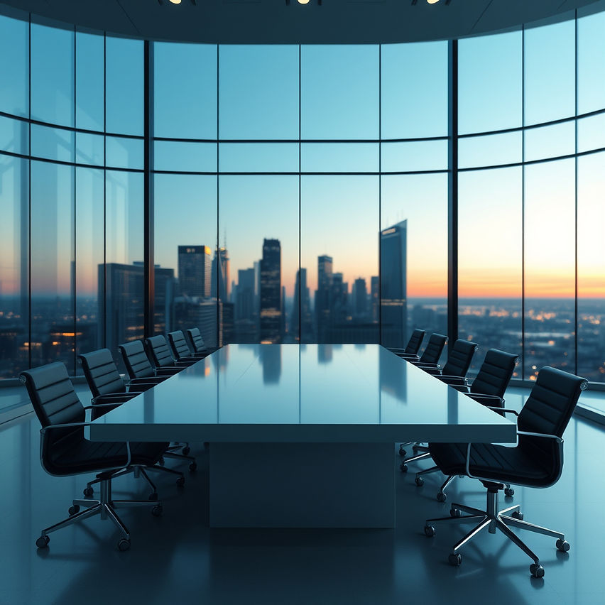 A high-end, modern executive boardroom with glass walls overlooking a blurred, dusk-lit ci