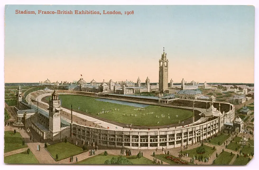 A drawing of an oval shaped stadium with a green infield and a bell toward in the background