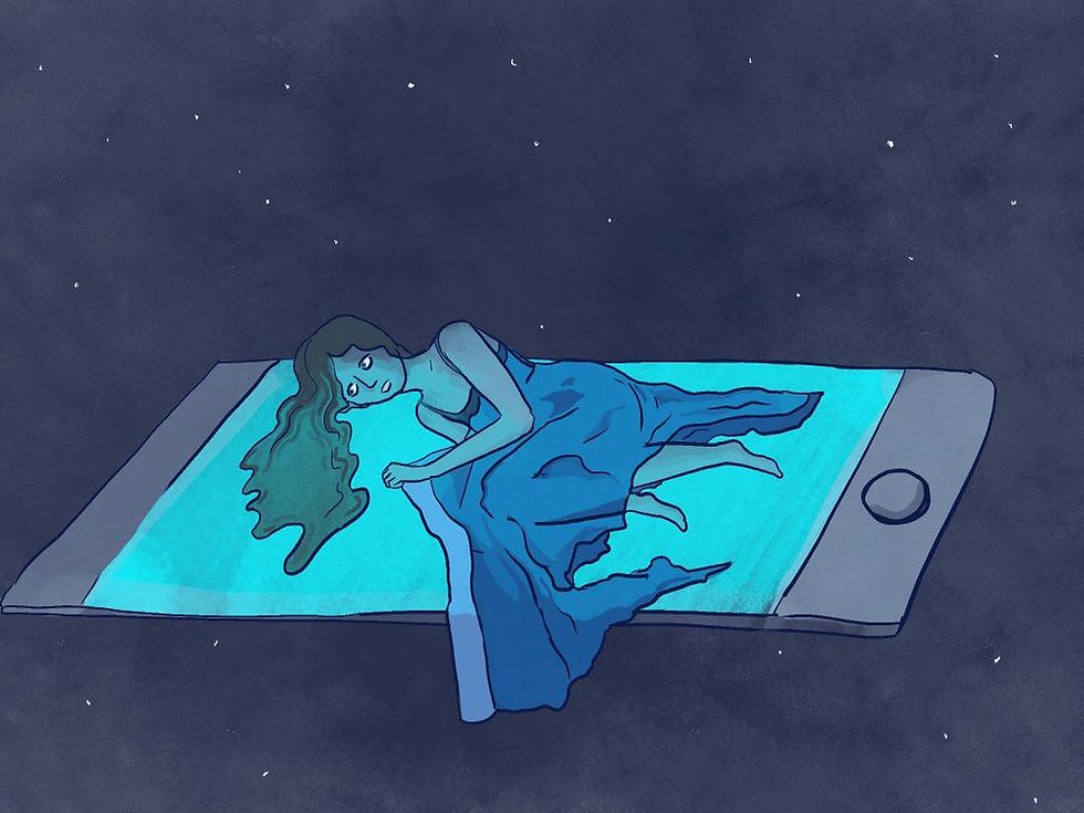 A young woman lays on an oversized floating phone as if it were her bed. She stares at the emanating blue light from the phone’s screen.