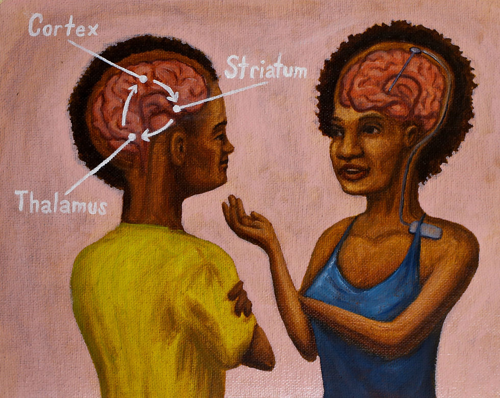 A painting of two people conversing. Their brains are visible as if we’re looking through their skulls. The person on the left has a circular diagram on their brain of the pathway from the cortex to the striatum to the thalamus back to the cortex. The person on the right has a Deep Brain Stimulation electrode implanted in their brain with a wire leading to a pulse stimulator in their chest.