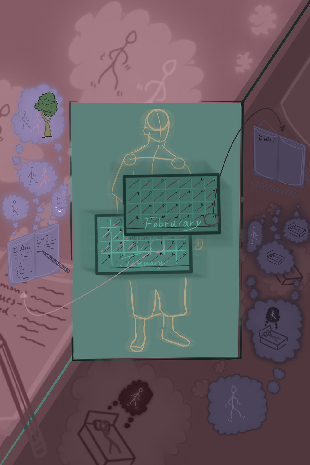 An outline of the person is obscured by two calendar months. The calendars count off the days with two days circled, one in January and one in February. An arrow leads from the circled dates to two scenarios on the left and right of the person. On the left is a person with thought bubbles about future plans of walking; on the right is a person with thought bubbles that are empty or are thinking of staying in bed.
