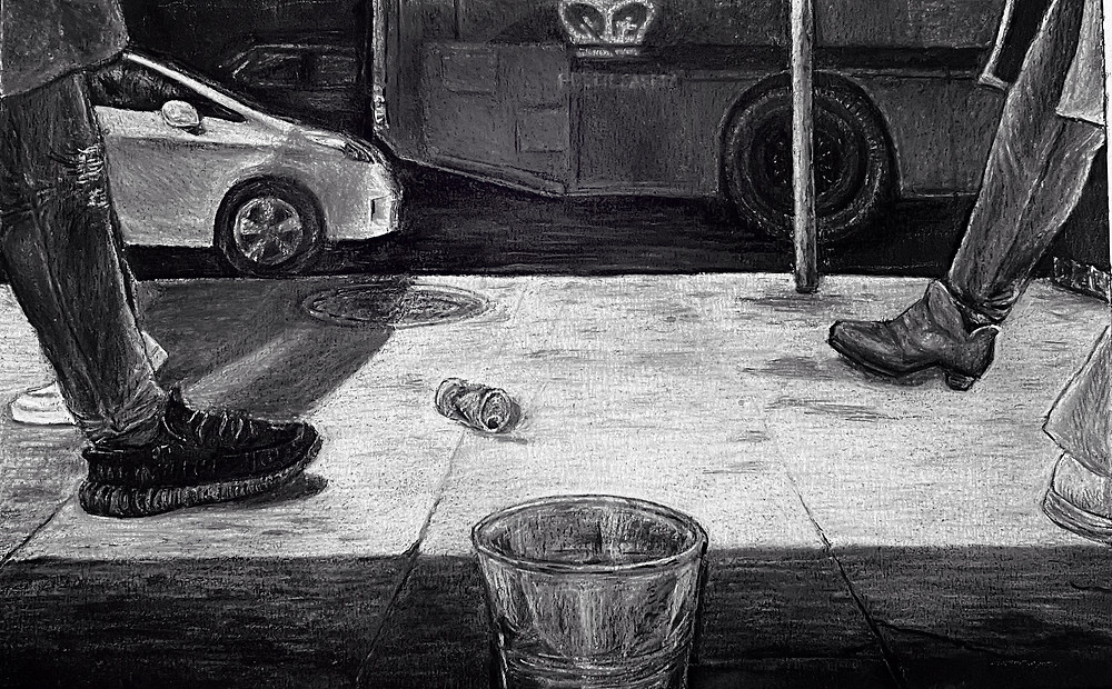 The same scene as in Piece 1, but from the perspective of the homeless man. The cup is in the center foreground, and a mirror of the people walking by is shown. Among other cars in the street in the background, a Columbia bus drives by. A black and white drawing.