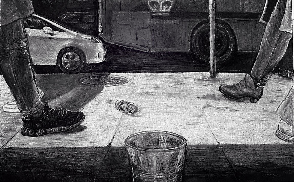 The same scene as in Piece 1, but from the perspective of the homeless man. The cup is in the center foreground, and a mirror of the people walking by is shown. Among other cars in the street in the background, a Columbia bus drives by. A black and white drawing.