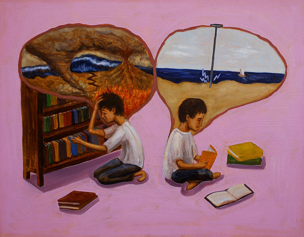 A painting of one person in two different positions. On the left, the person is holding their head in discomfort in front of a bookshelf. Above their head is a large brain silhouette filled with images of tumultuous weather. On the right, the person is reading a book serenely. Above their head is a large brain silhouette filled with an image of a calm beach with a Deep Brain Stimulation electrode implanted in the middle.