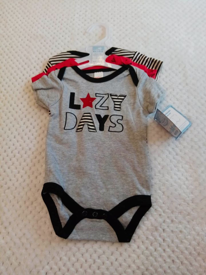 Lazy Days baby bodysuits 3 pack by Soft Touch in stripe, star and slogan designs.