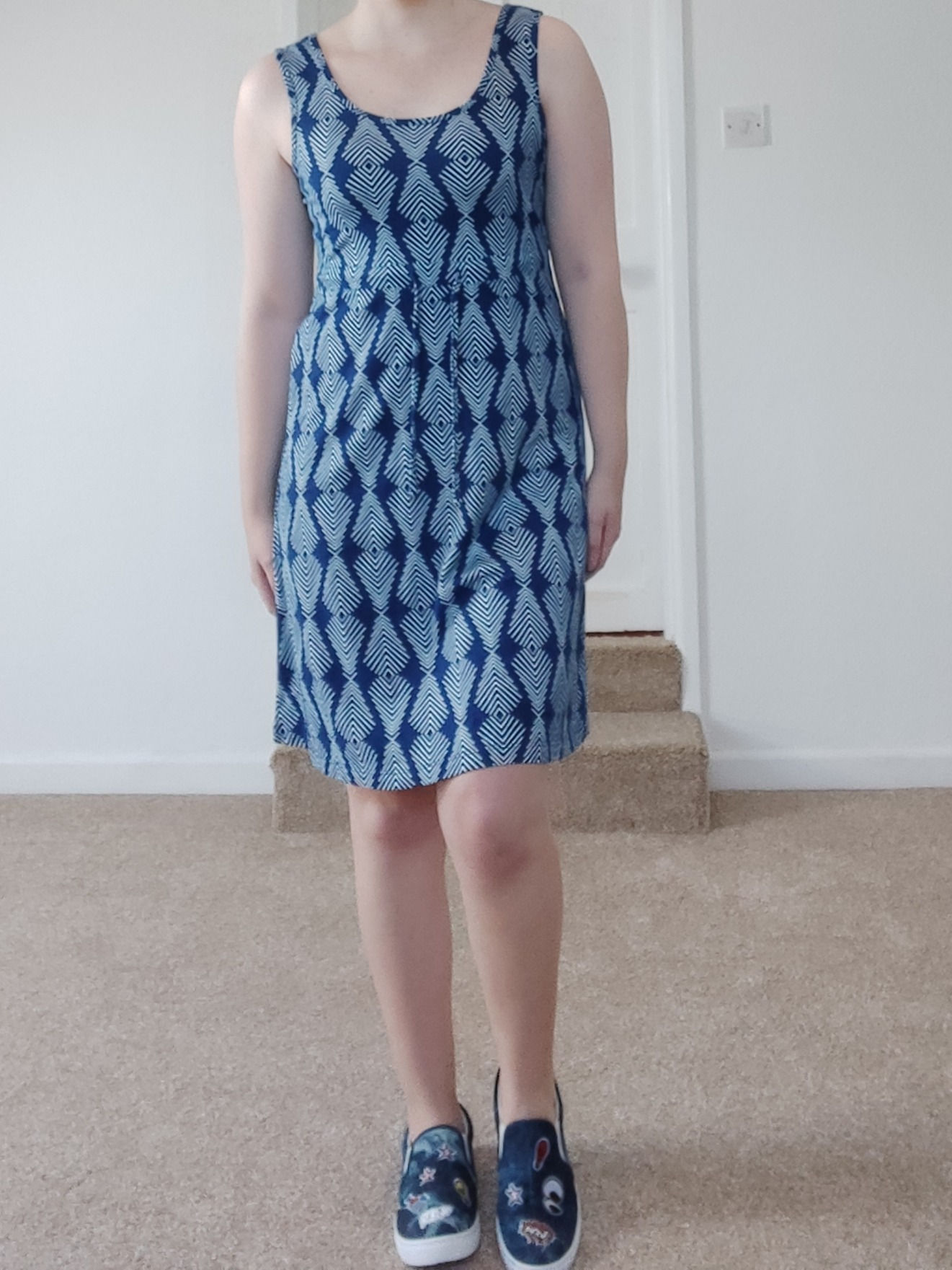 Drawstring Waist Printed Day Dress - Navy