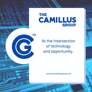 Logo, company name, in blue, with tagline, at the intersection technology and opportunity.