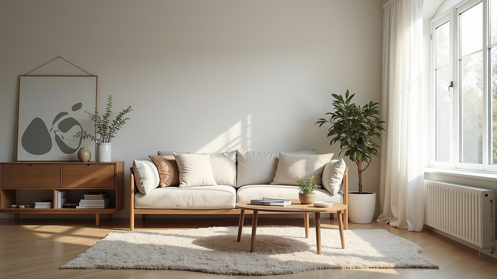 Eye-level view of a neatly organized living room with minimalist decor
