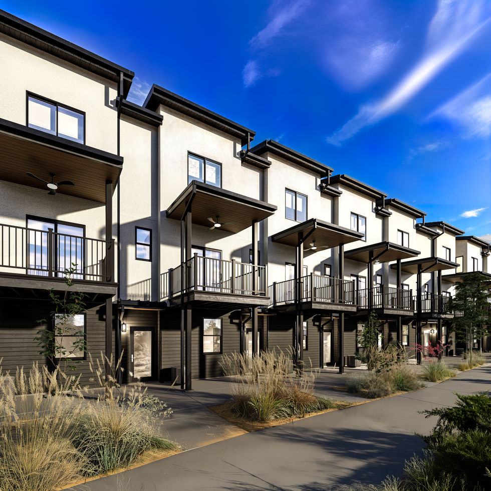 Photorealistic exterior rendering of Crawford Row townhomes in Grand Junction, Colorado, created for new construction real es
