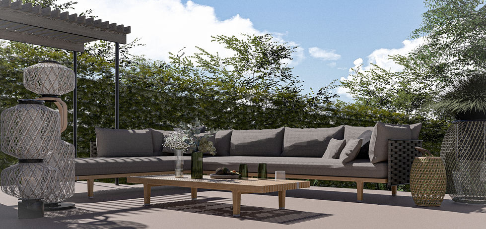 Luxury residential pool terrace featuring outdoor dining, lounge areas, contemporary architecture, landscape design, and inte