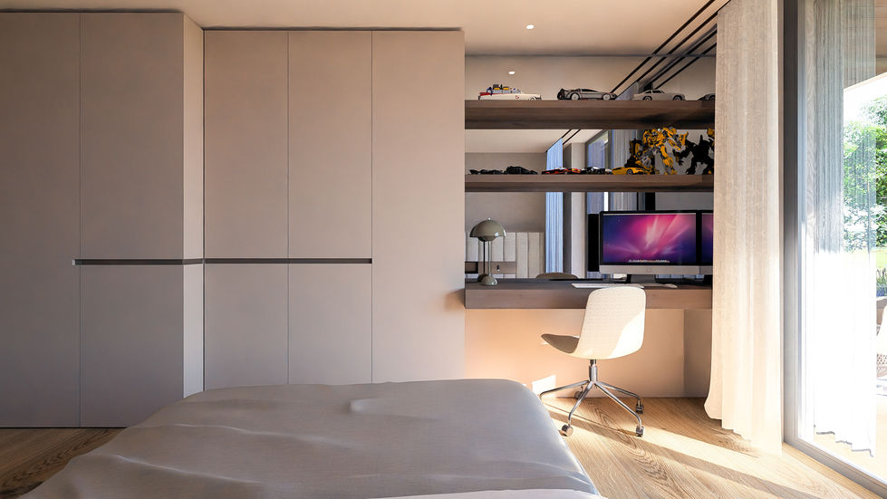 Luxury bedroom suite featuring custom upholstered headboard, integrated lighting, bespoke millwork, contemporary furnishings,