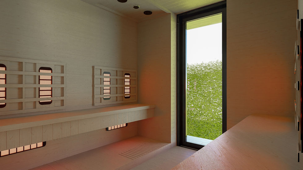 Luxury wellness pavilion at night featuring illuminated stone architecture, spa amenities, water features, sauna access, and integrated architectural lighting.