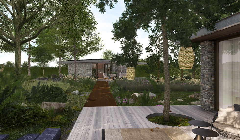 Luxury wellness pavilion connected by a floating corten steel bridge crossing a meadow-inspired landscape with native planting, contemporary stone architecture, and private outdoor living spaces.