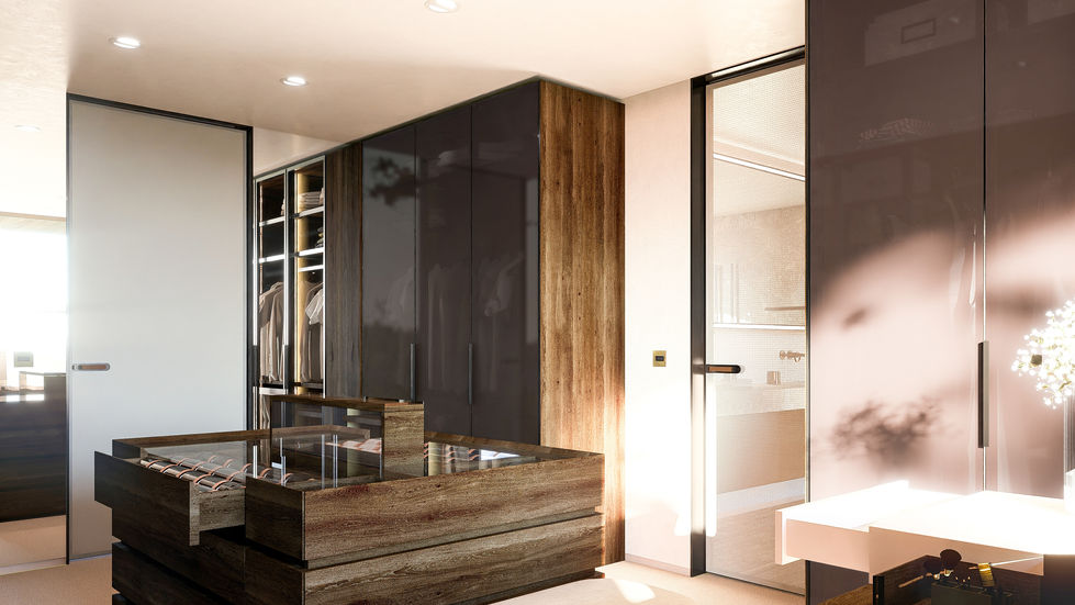 Luxury dressing room featuring smoked glass wardrobes, custom cabinetry, jewelry display island, integrated storage systems,