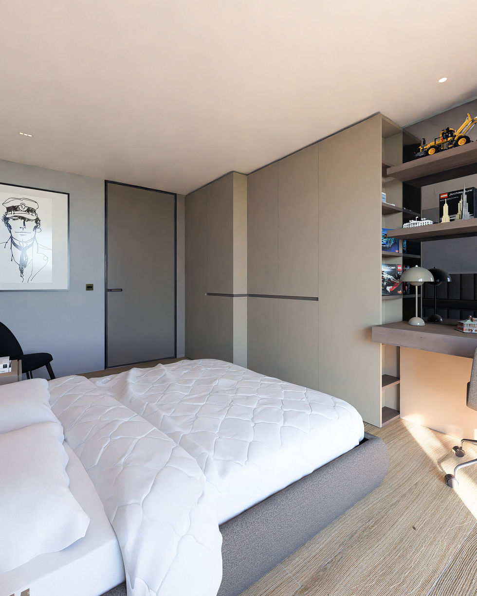 Luxury bedroom suite featuring custom upholstered headboard, integrated lighting, bespoke millwork, contemporary furnishings,