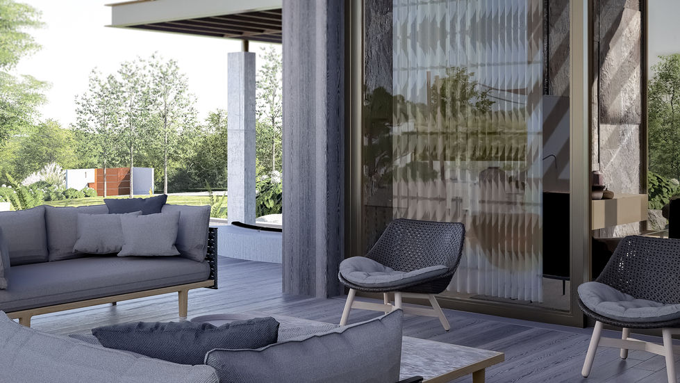 Luxury residential pool terrace featuring outdoor dining, lounge areas, contemporary architecture, landscape design, and inte
