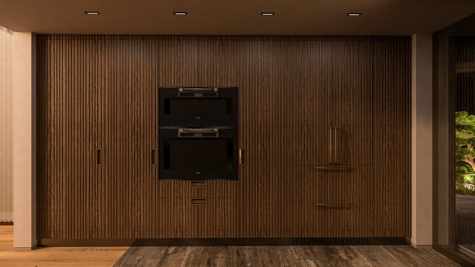 Luxury contemporary kitchen featuring custom walnut cabinetry, natural stone countertops, integrated appliances, and a centra