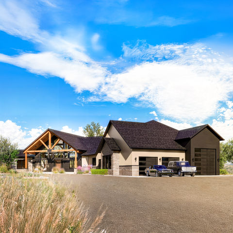 Architectural rendering of home with landscaped surroundings and pond reservoir, designed for the 2025 Western Colorado Parade of Homes.