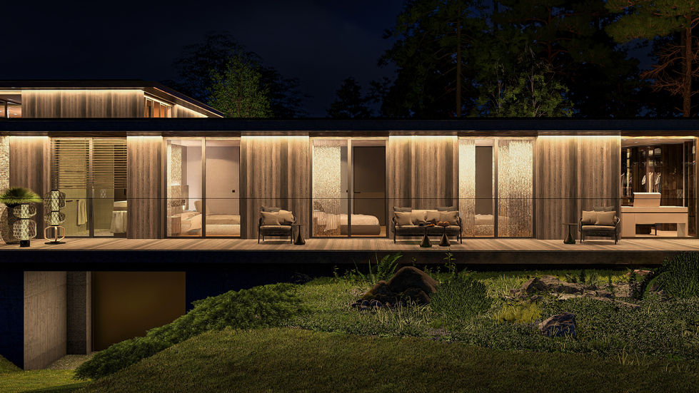 Contemporary bedroom wing illuminated at dusk with floating terraces, warm interior lighting, natural stone walls, and surrou