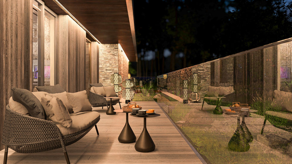 Contemporary bedroom wing illuminated at dusk with floating terraces, warm interior lighting, natural stone walls, and surrou