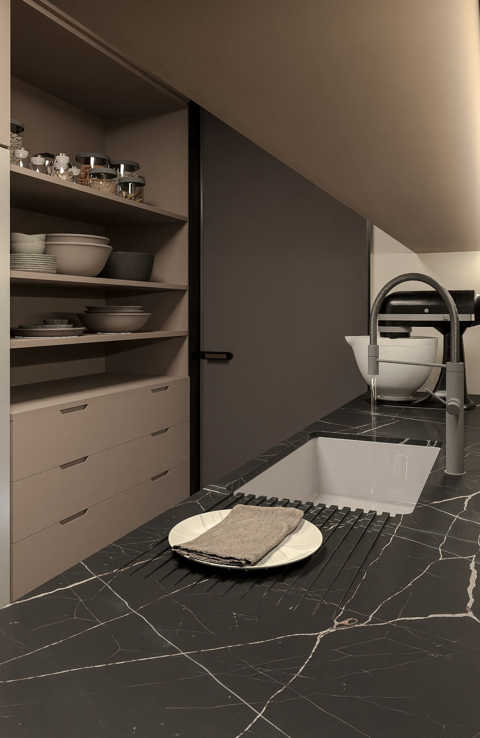 Luxury back kitchen featuring custom storage cabinetry, secondary refrigeration, freezer units, ice maker, preparation counte