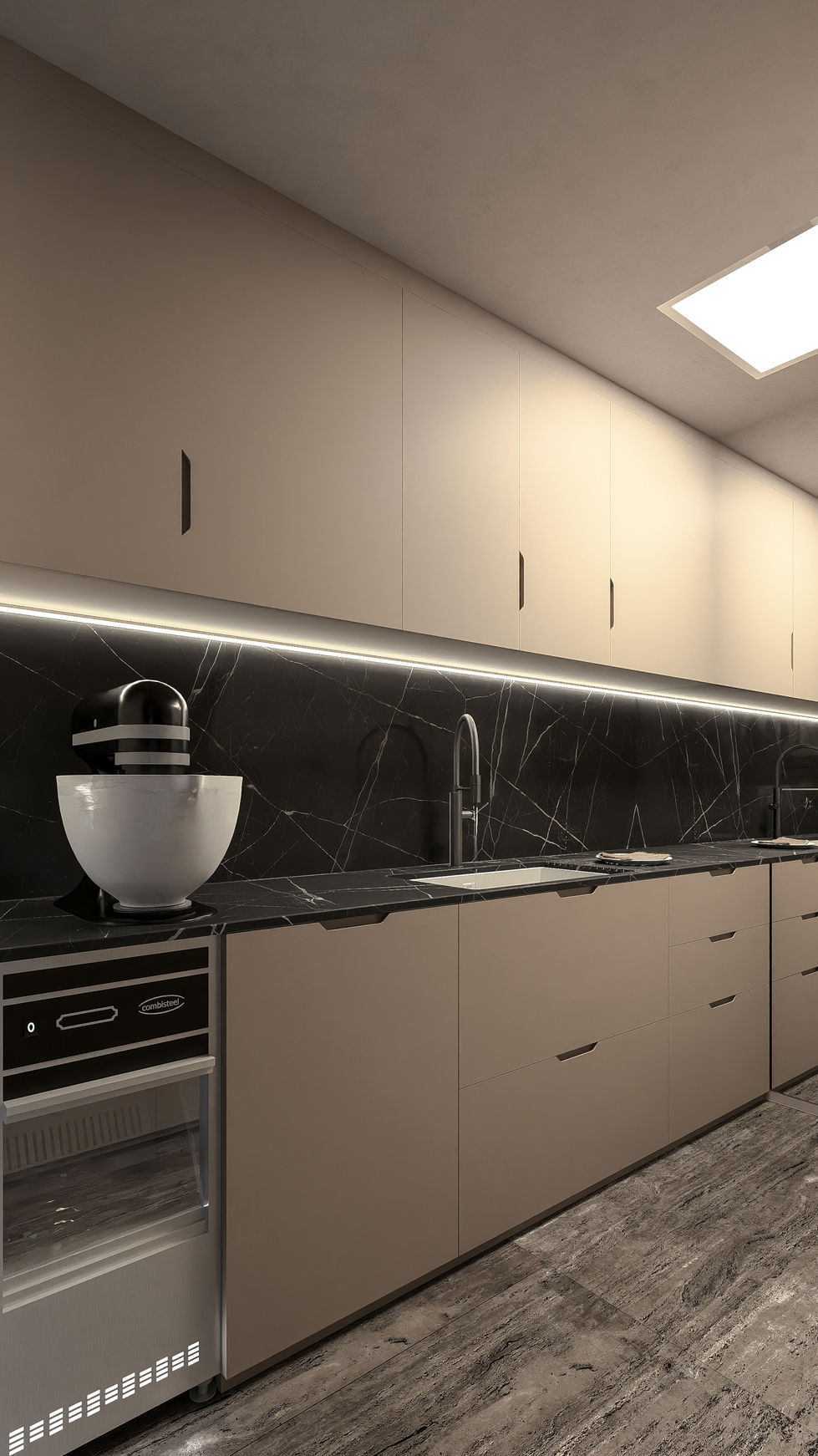 Luxury back kitchen featuring custom storage cabinetry, secondary refrigeration, freezer units, ice maker, preparation counte