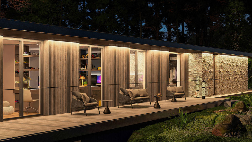 Contemporary bedroom wing illuminated at dusk with floating terraces, warm interior lighting, natural stone walls, and surrou