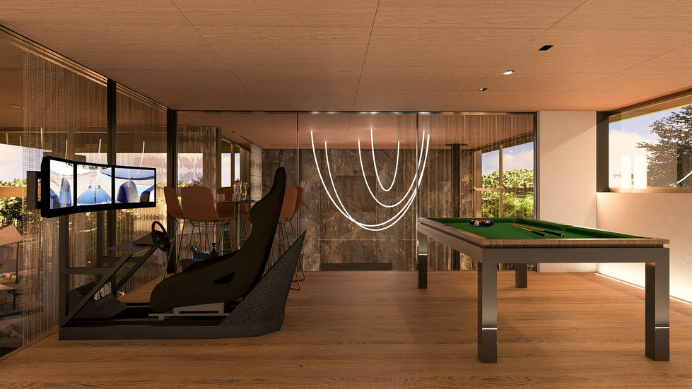 Luxury residential game room with a billiards table, gaming simulator, nickel ring privacy curtain, and panoramic views over the double-height living room below.