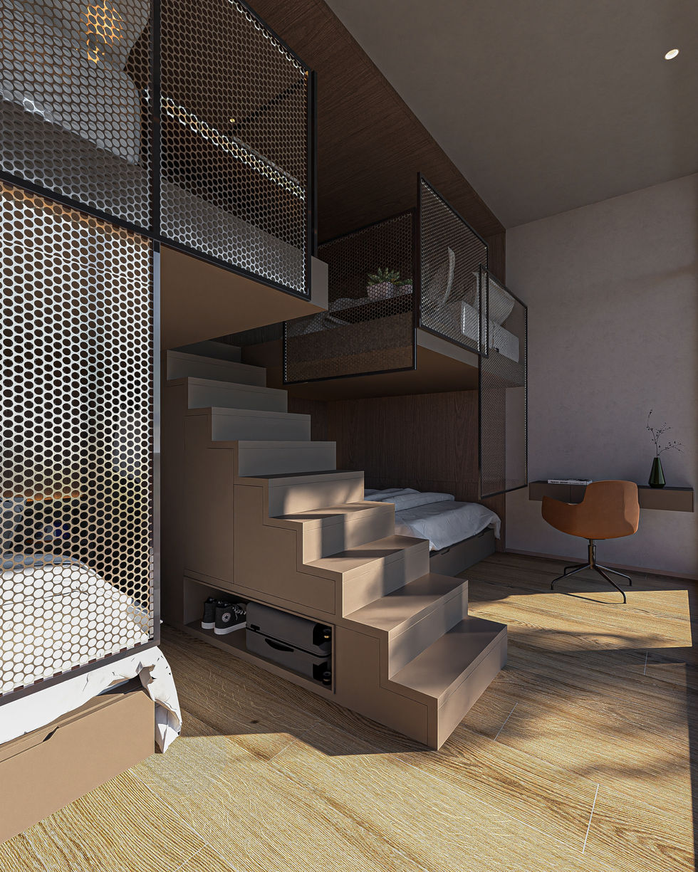 Contemporary luxury dormitory suite featuring four custom bunk beds, perforated metal privacy screens, integrated lighting, a