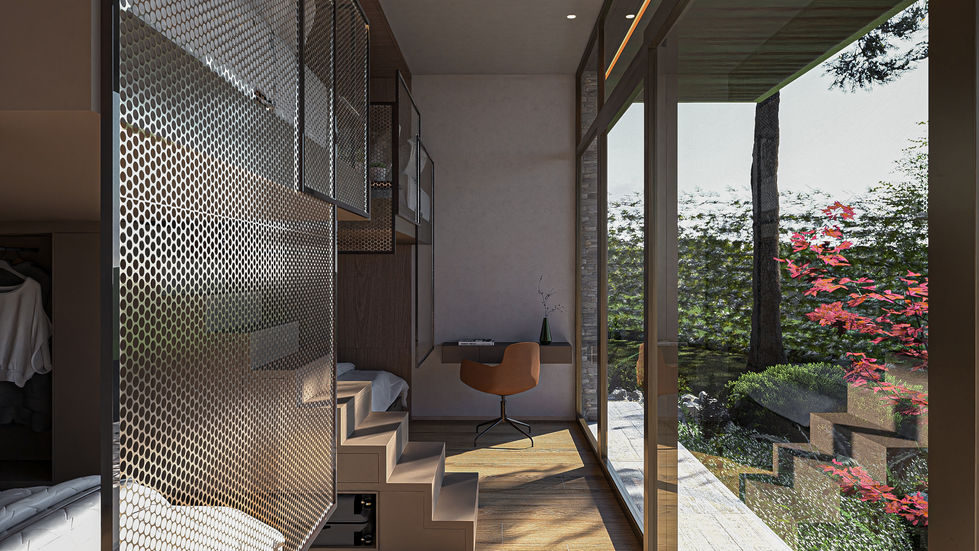 Contemporary luxury dormitory suite featuring four custom bunk beds, perforated metal privacy screens, integrated lighting, a
