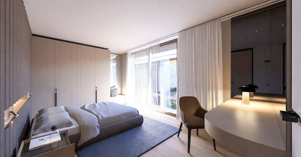 Luxury guest suite overlooking a private xeriscape garden with dwarf pines, natural boulders, floor-to-ceiling glazing, and c
