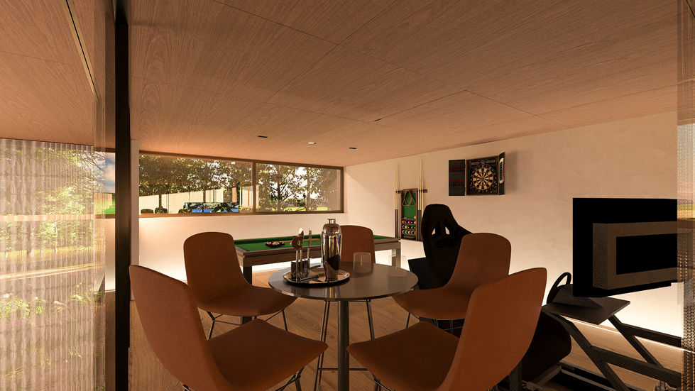 Luxury residential game room with a billiards table, gaming simulator, nickel ring privacy curtain, and panoramic views over the double-height living room below.