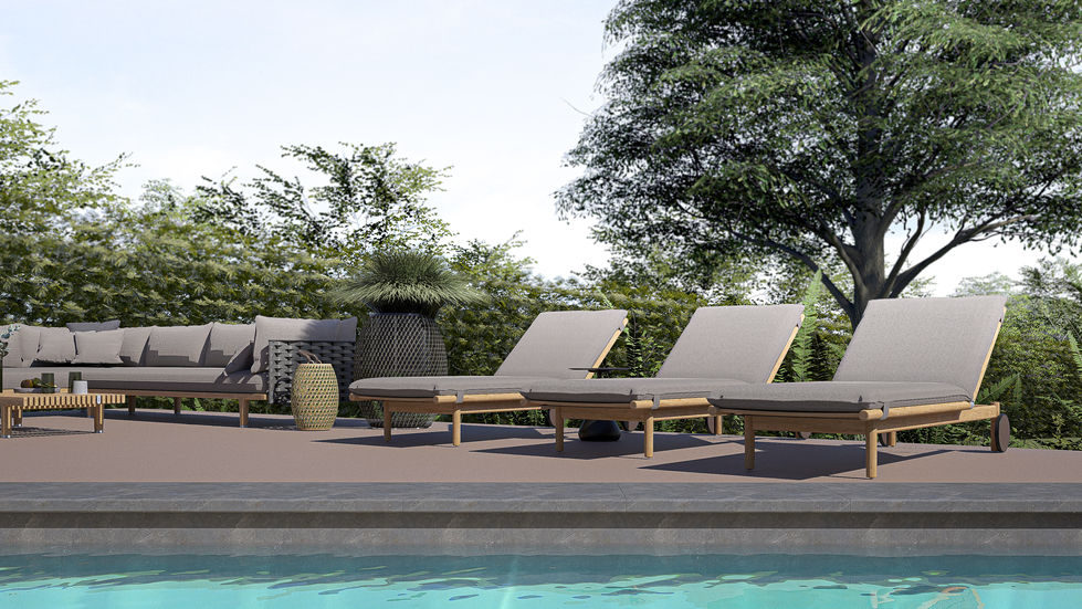 Luxury residential pool terrace featuring outdoor dining, lounge areas, contemporary architecture, landscape design, and inte