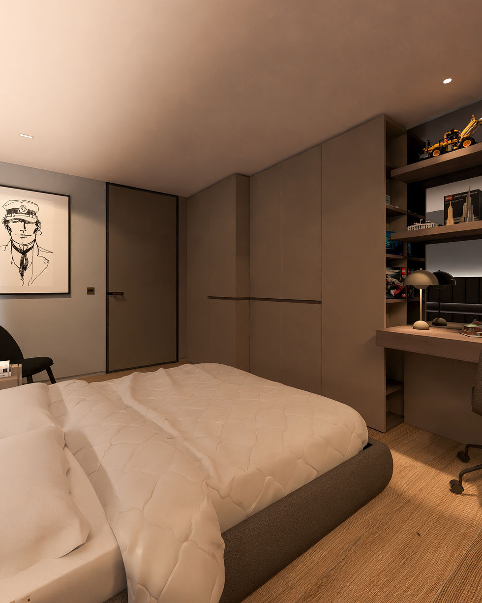 Luxury bedroom suite featuring custom upholstered headboard, integrated lighting, bespoke millwork, contemporary furnishings,