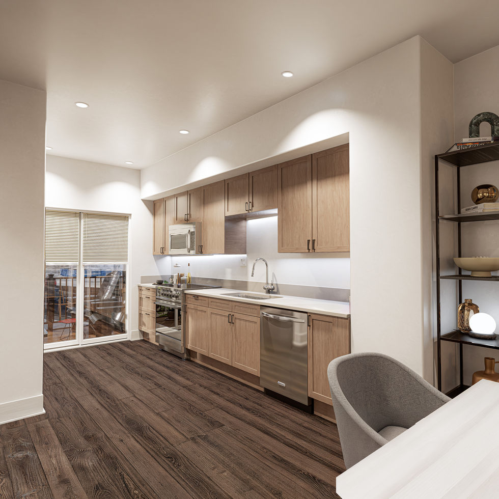 Photorealistic interior rendering of an open-concept living room and kitchen at Crawford Row in Grand Junction, Colorado.
